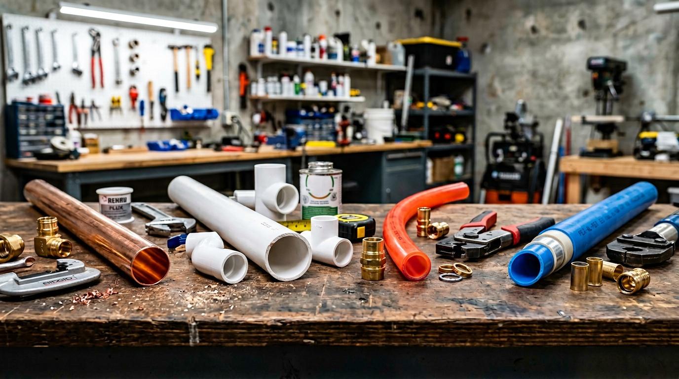 Table de travail avec tuyaux, outils et matériel de plomberie