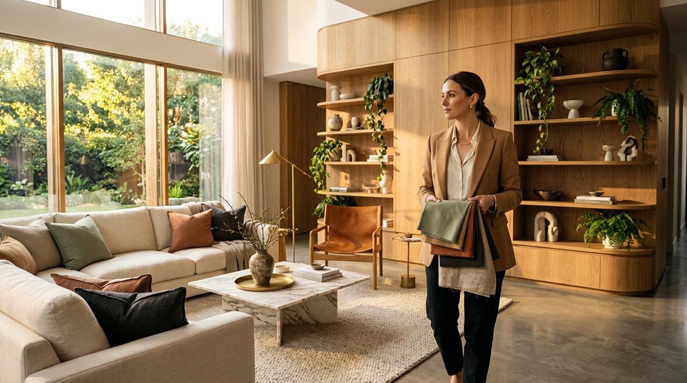 Femme en tenue professionnelle dans salon contemporain bois