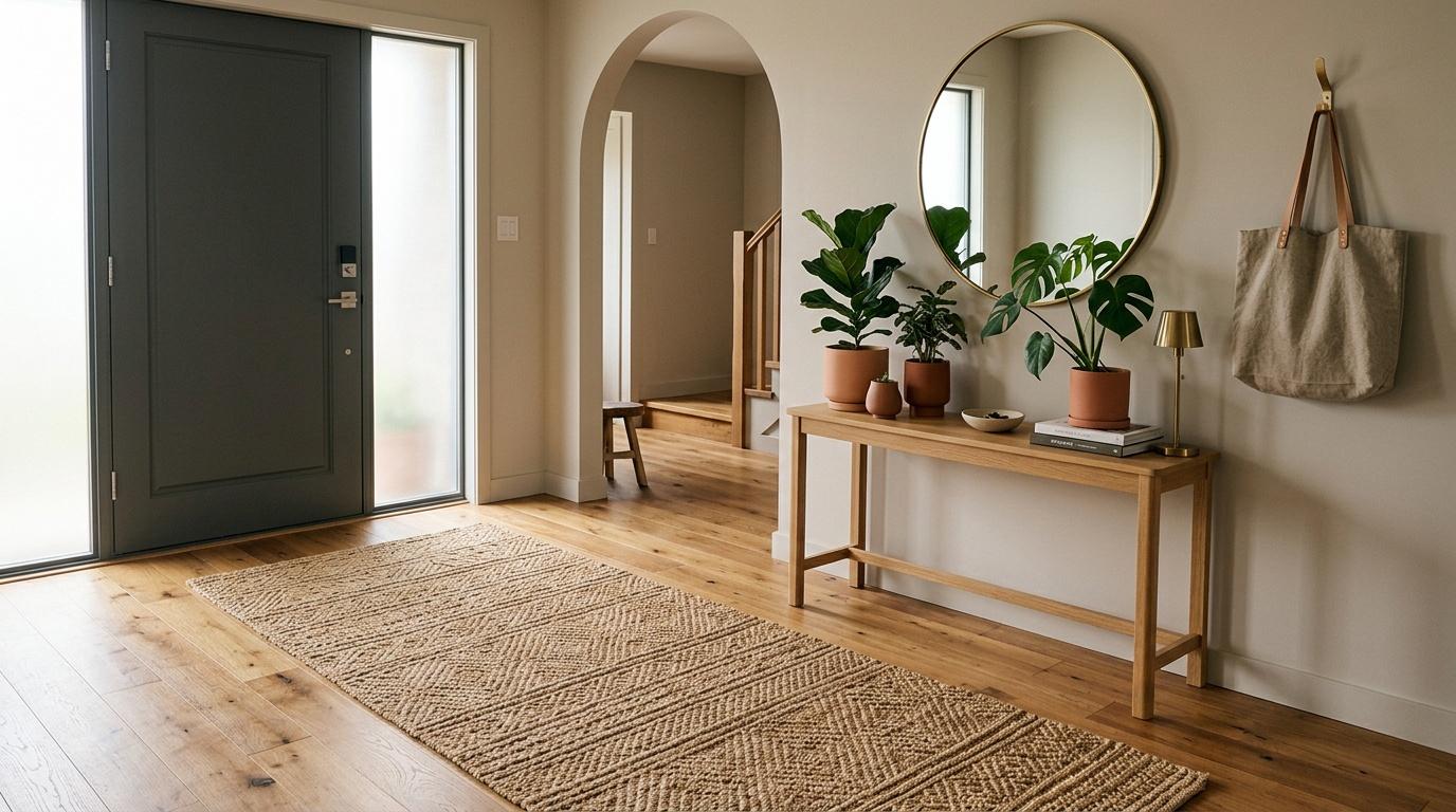 Entrée avec miroir rond, console bois, plantes et tapis beige