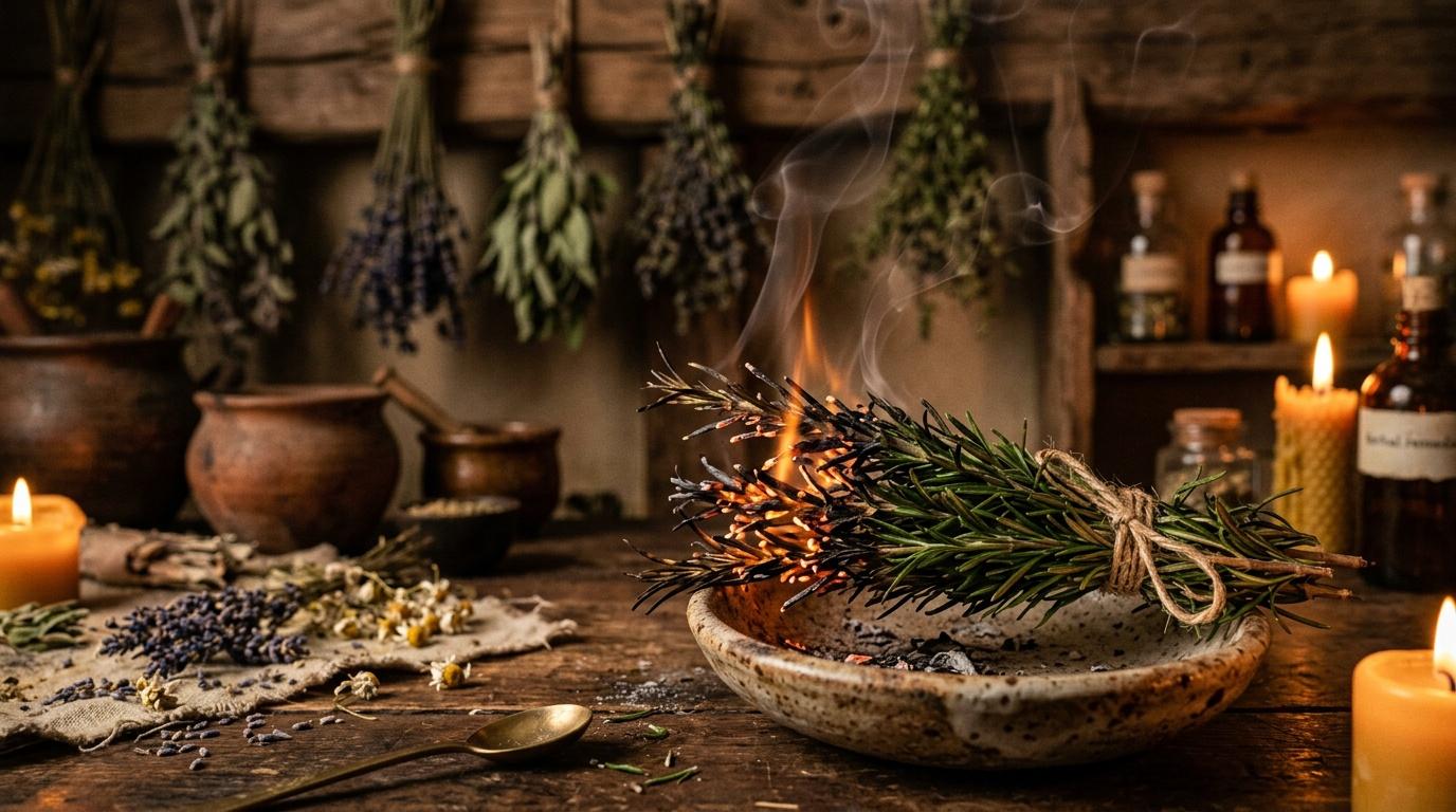Herbes aromatiques brûlant dans un bol céramique, bougies allumées