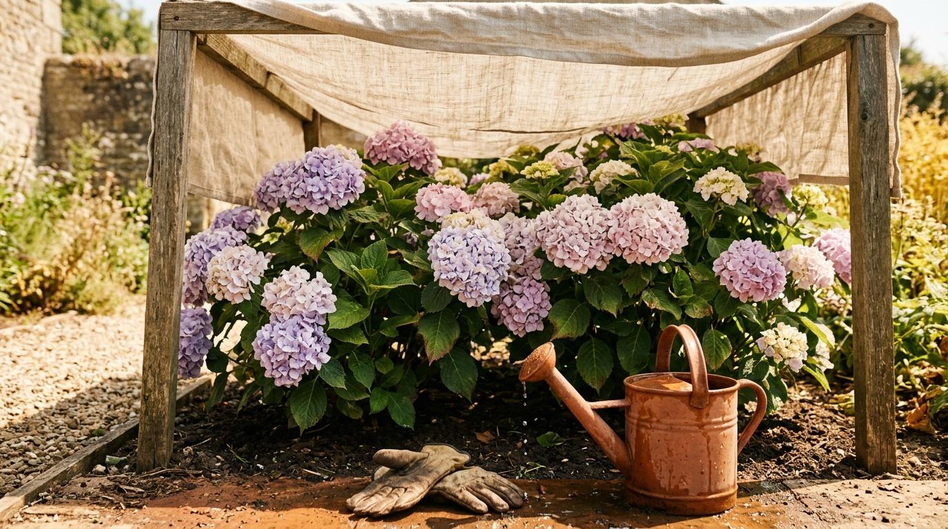 Hortensias colorés avec arrosoir et gants de jardinage