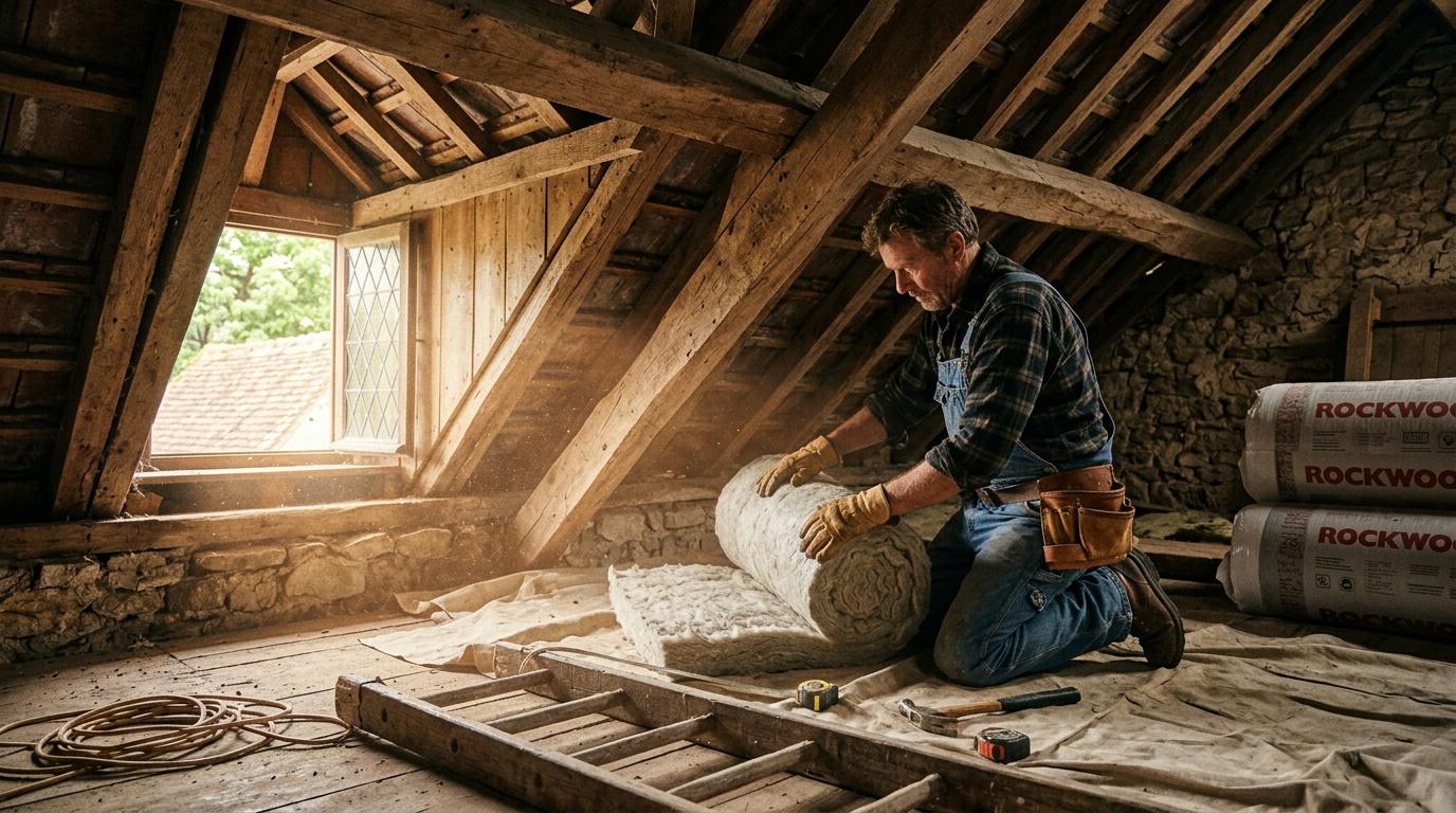 Ouvrier installant isolant thermique sous charpente bois