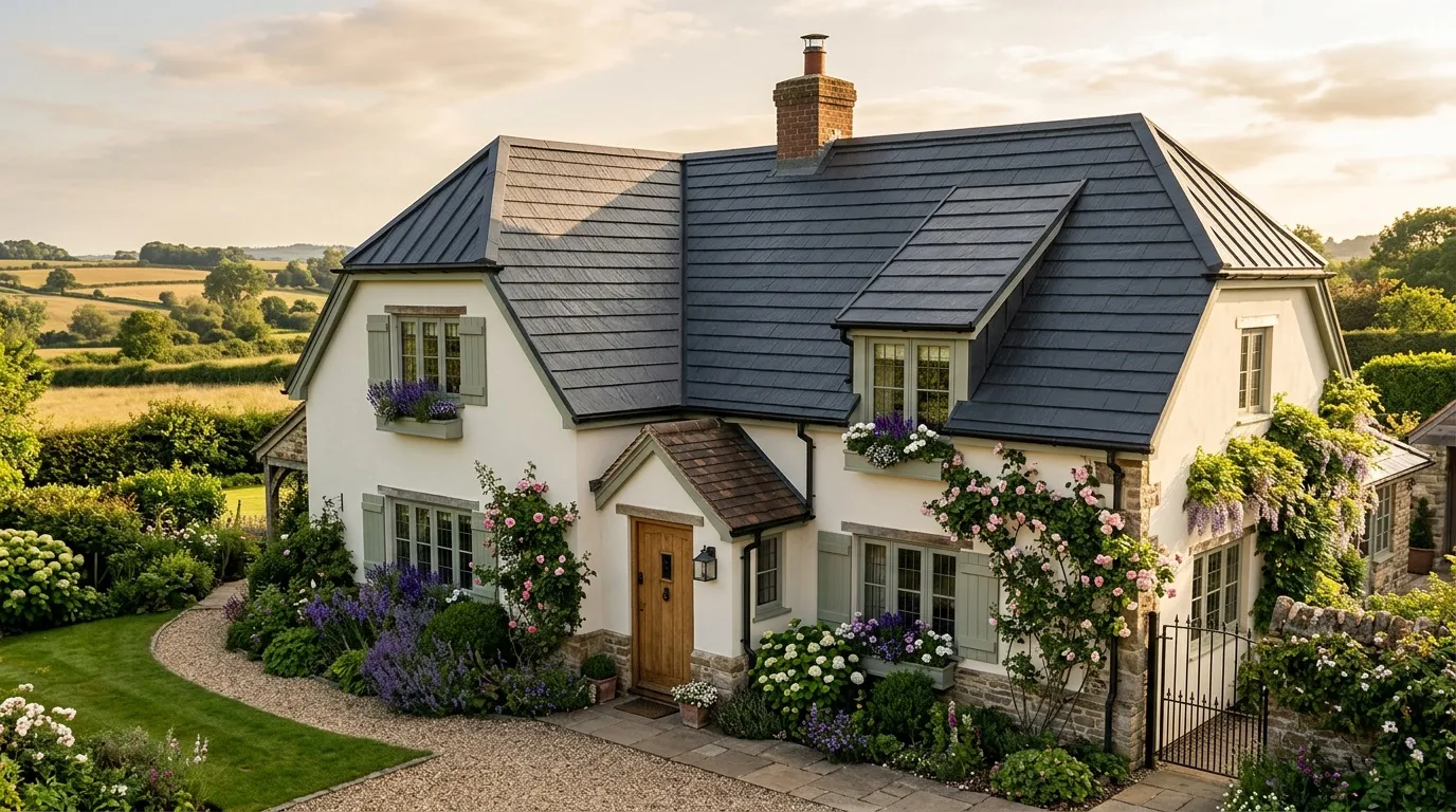 Élégante maison blanche avec toit ardoise, fleurs colorées, jardins verdoyants.