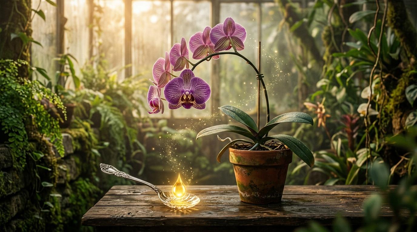 Orchidée pourpre dans serre avec lumière dorée magique