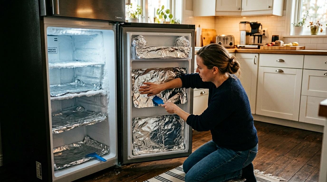 Femme organisant les compartiments de son congélateur avec du papier aluminium