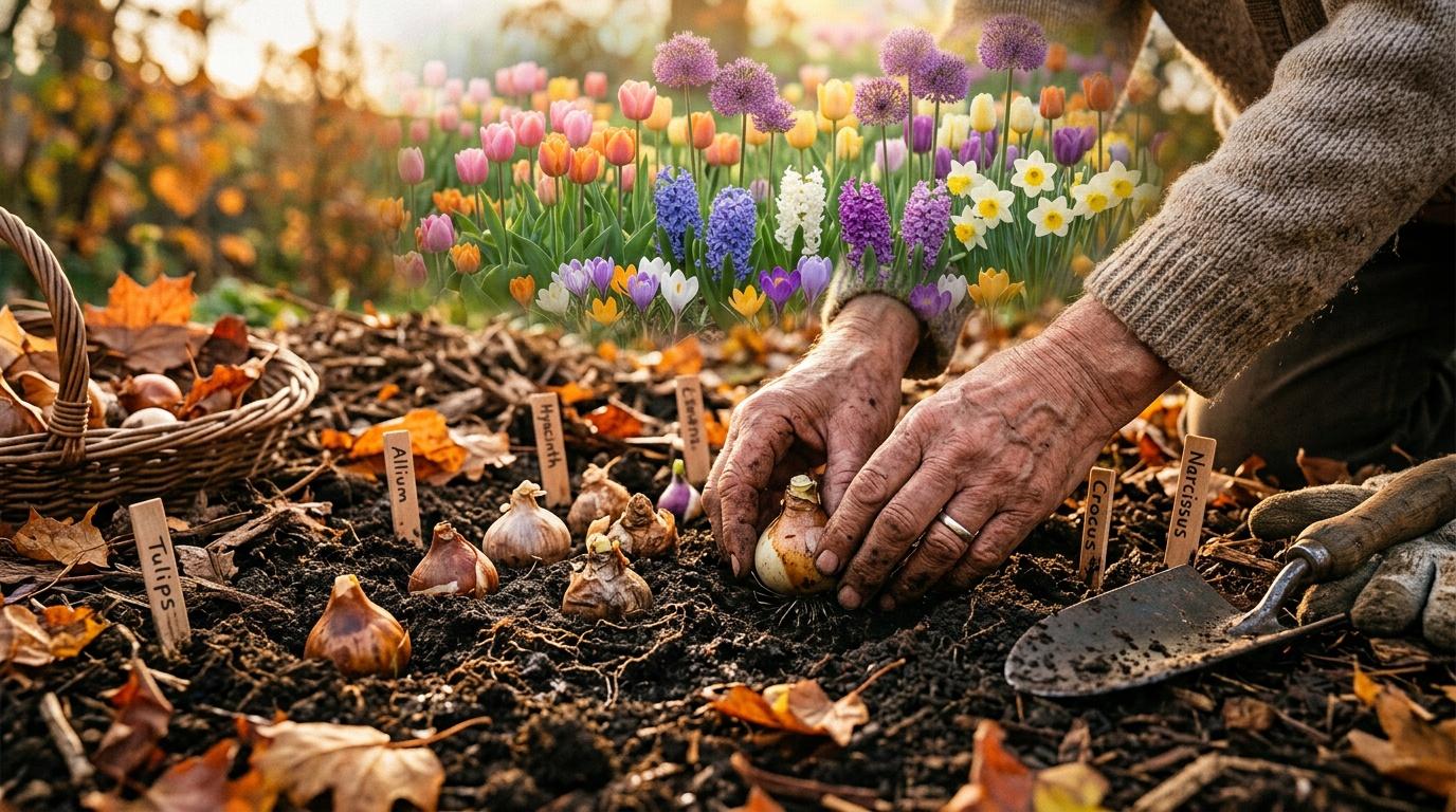 Mains plantant des bulbes dans la terre avec fleurs colorées en arrière-plan