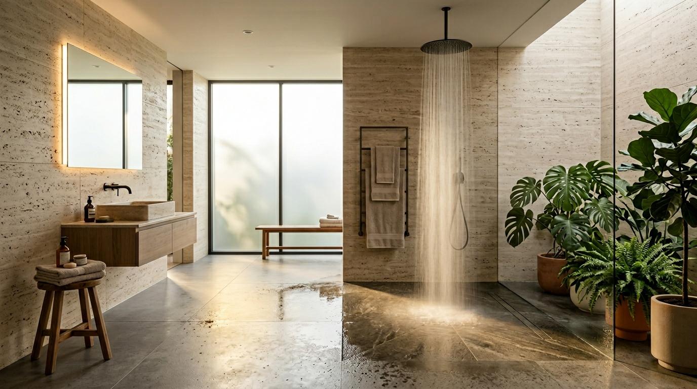 Salle de bain moderne avec travertin, douche et plantes vertes
