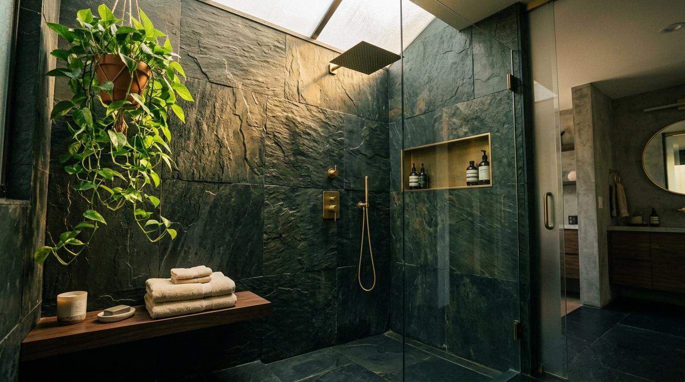 Salle de bain contemporaine avec carrelage ardoise et douche italienne
