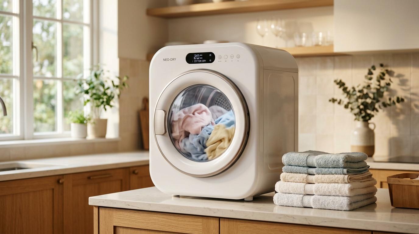 Sèche-linge blanc avec linge coloré dans cuisine lumineuse
