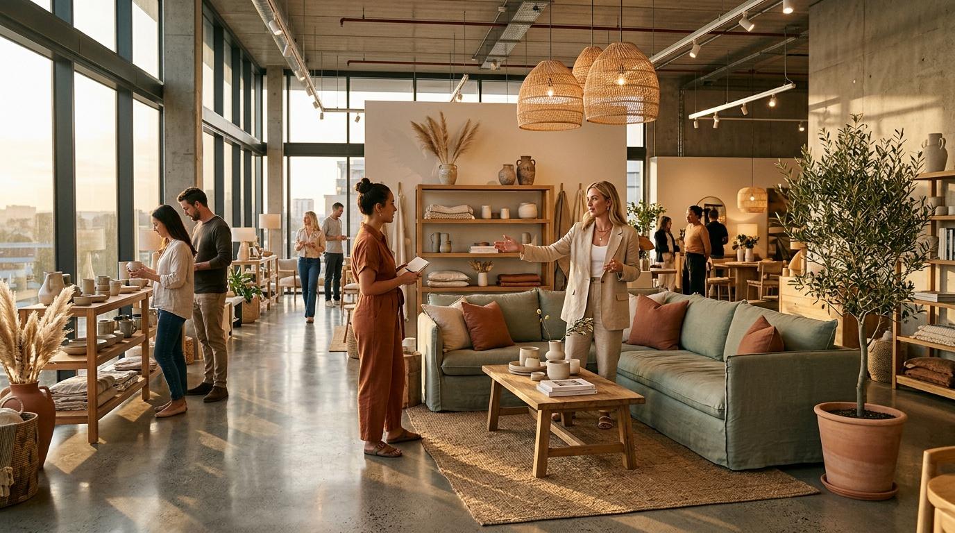 Showroom moderne avec mobilier, clients et décoration épurée