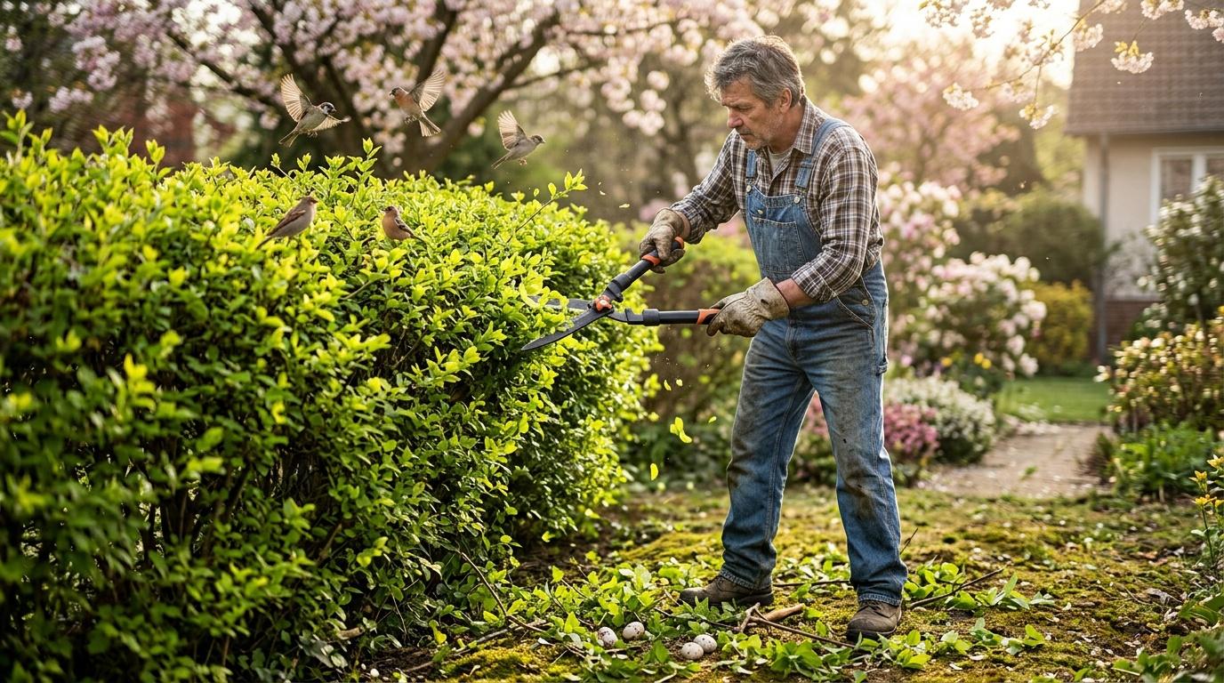 Homme taillant une haie verte avec oiseaux volant
