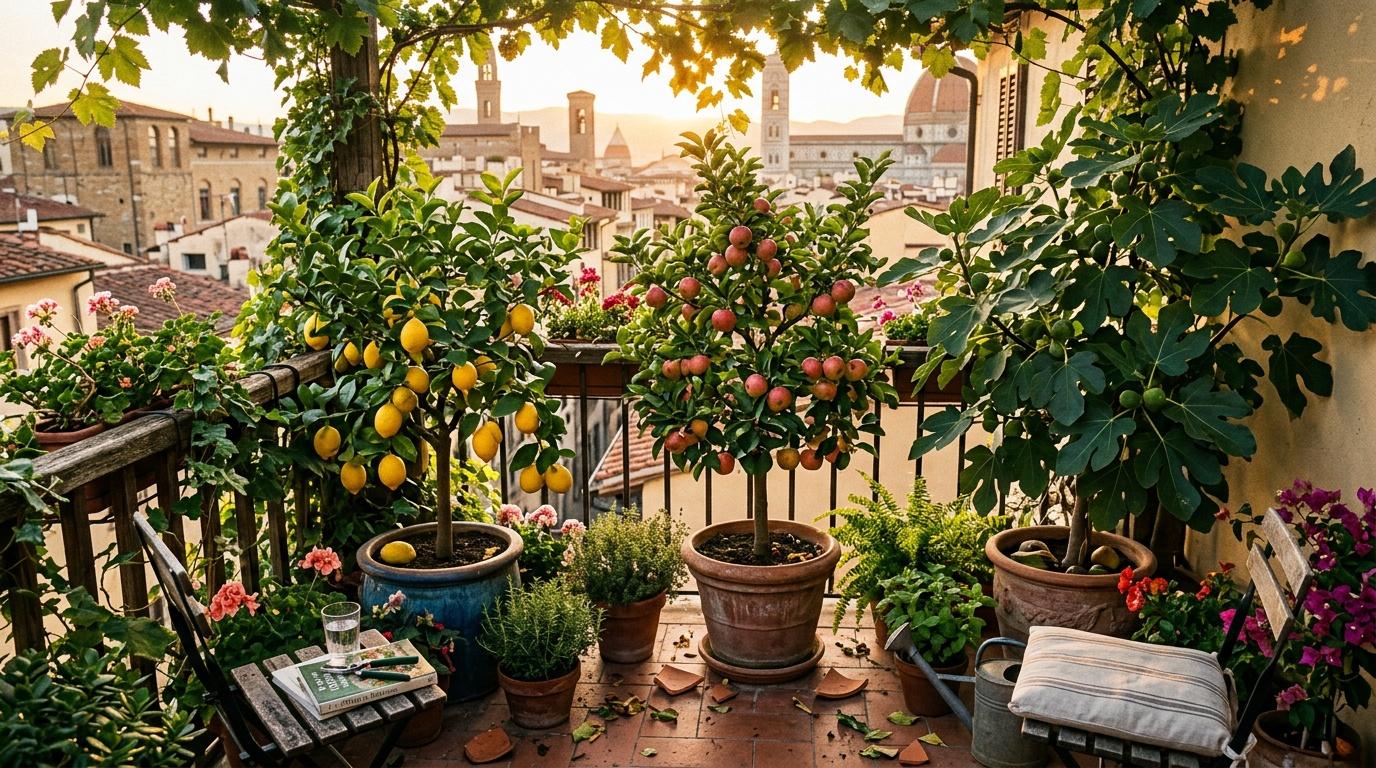 Terrasse avec arbres fruitiers, fleurs et vue sur Florence
