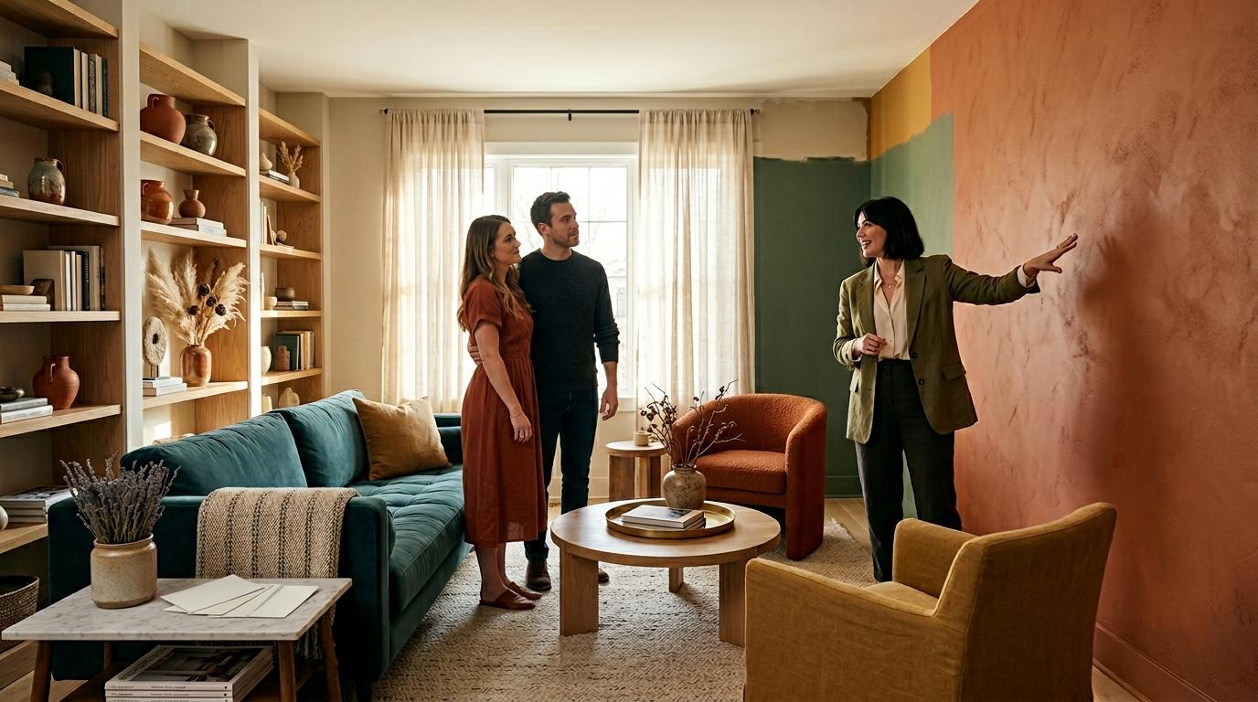 Agent immobilier présente salon aux visiteurs potentiels