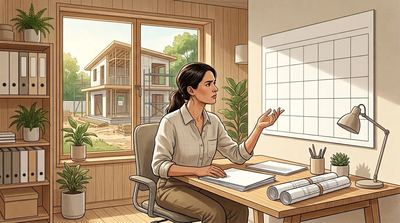 Femme architecte travaillant &agrave; son bureau face &agrave; des plans de maison