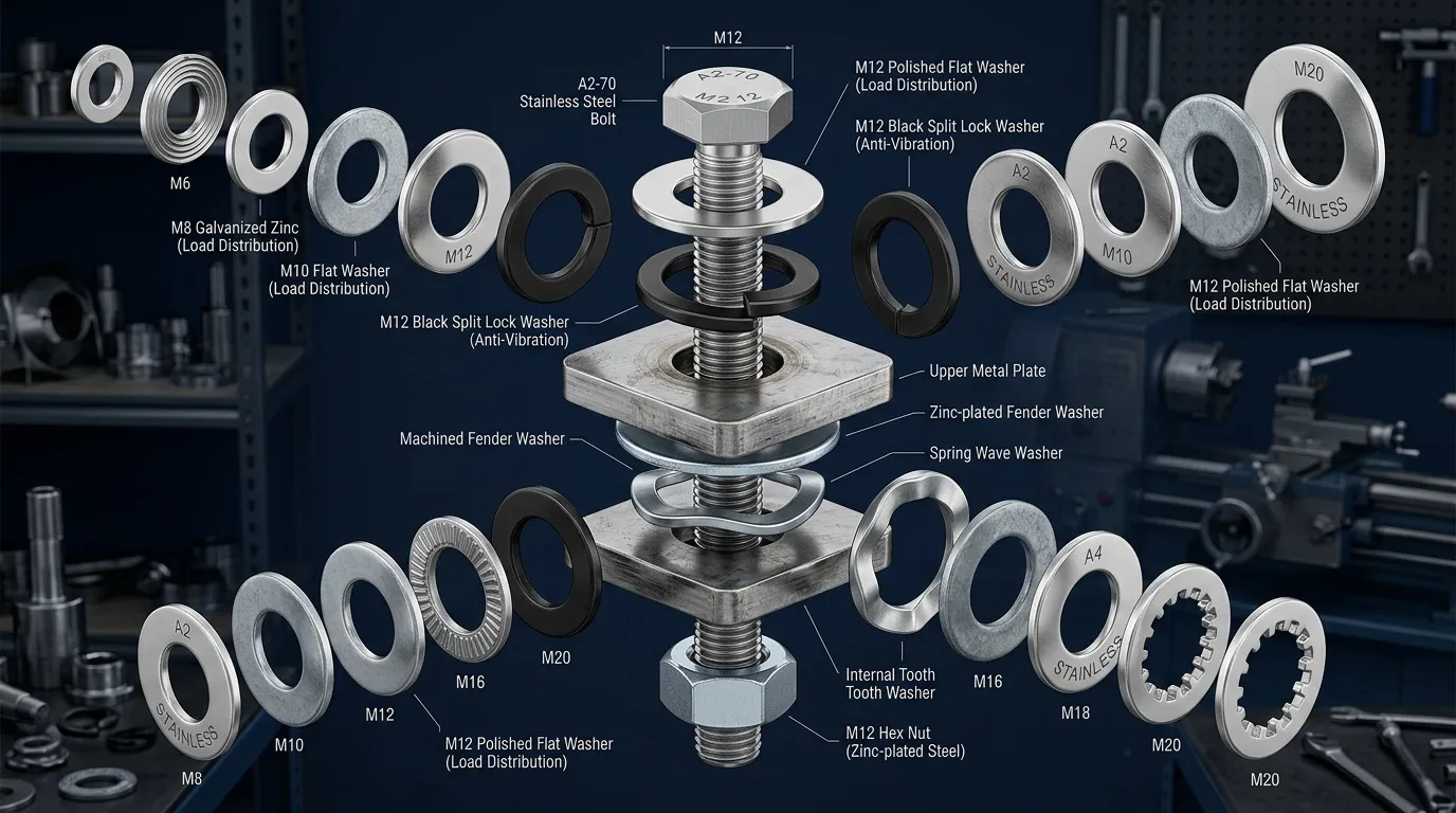 Vis M12 inox avec rondelles et écrous explodés.