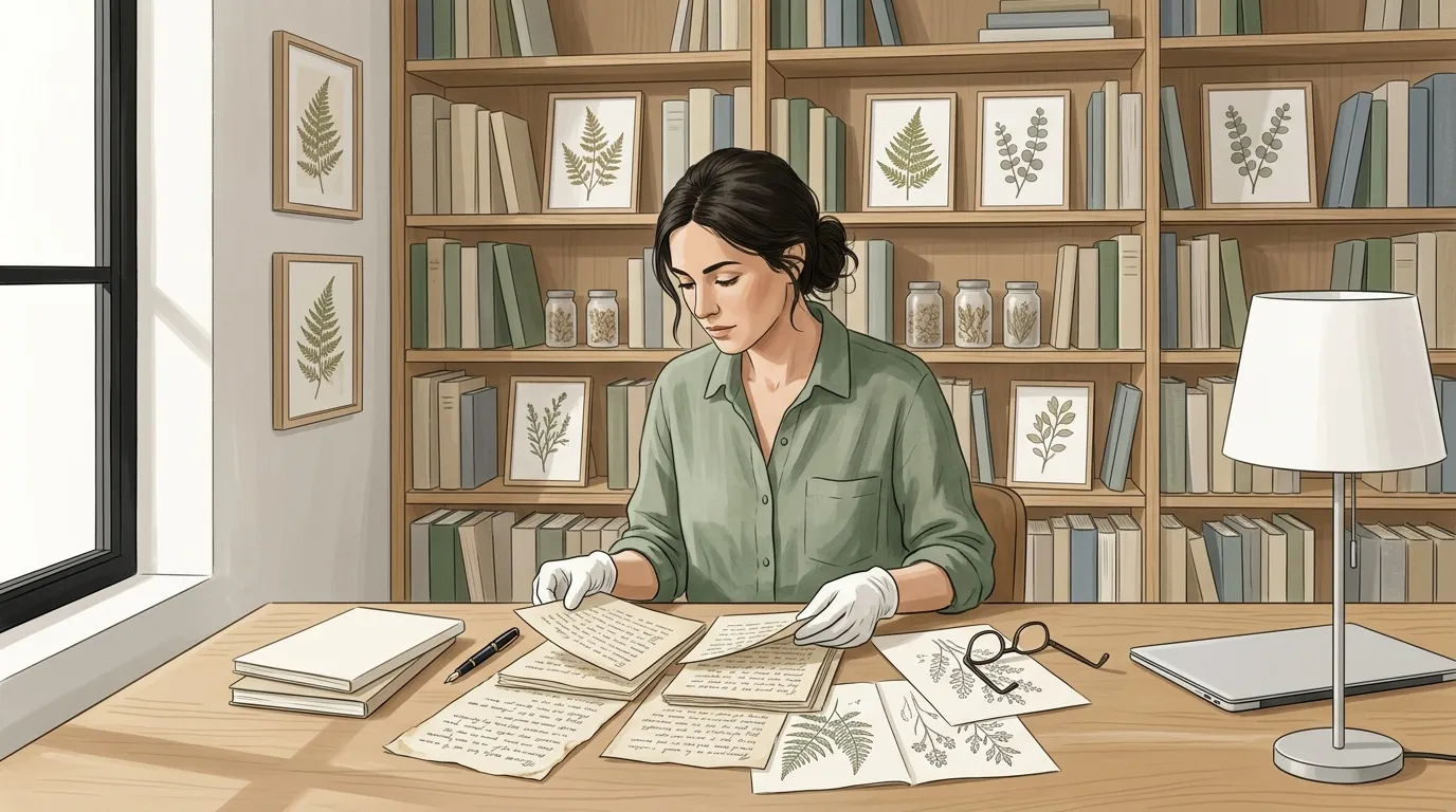 Femme en chemise verte consulte des documents et dessins de plantes