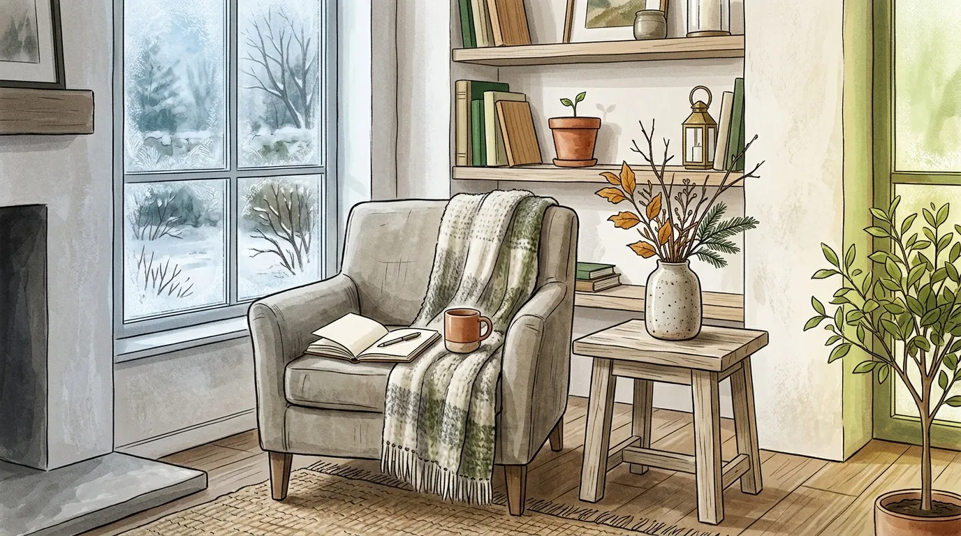Fauteuil confortable pr&egrave;s d'une fen&ecirc;tre enneig&eacute;e avec livre et plante
