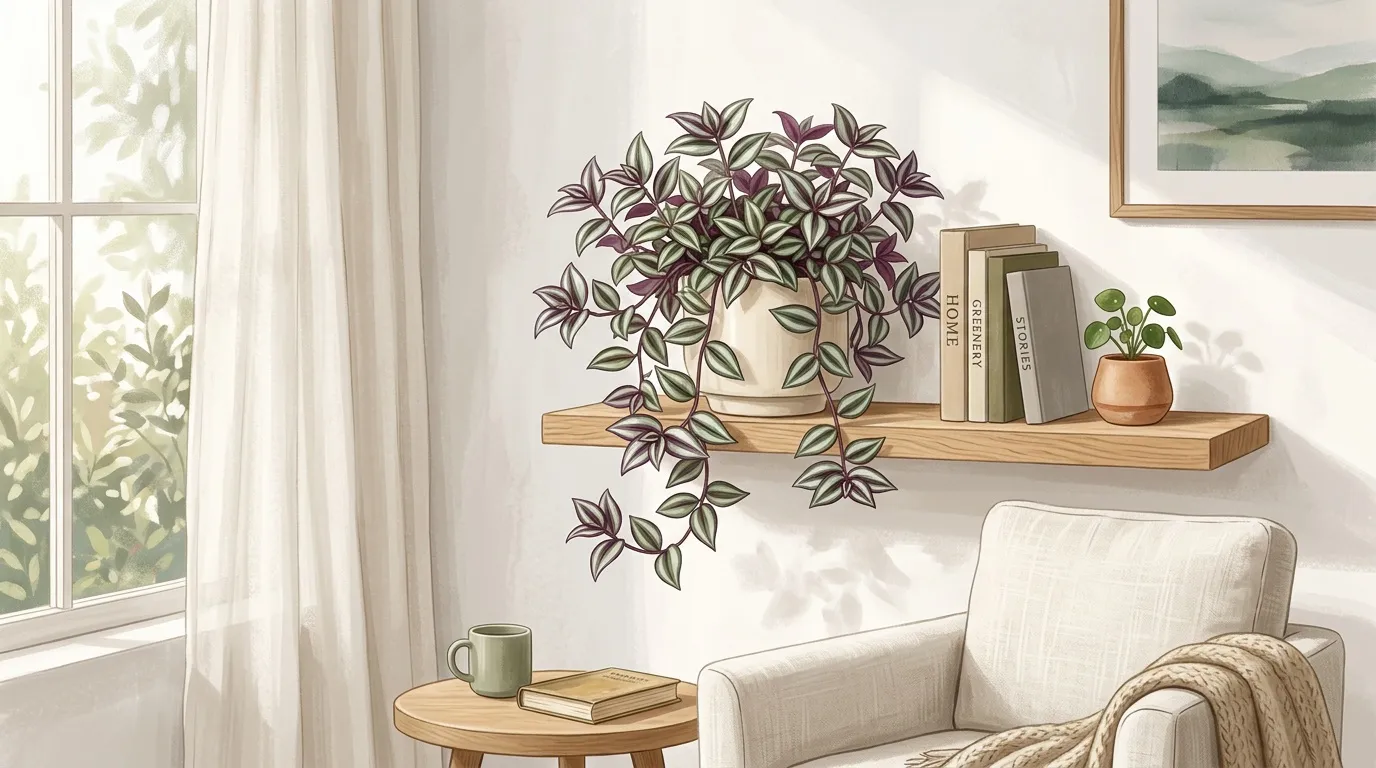 Salon lumineux avec plante suspendue et étagère bois