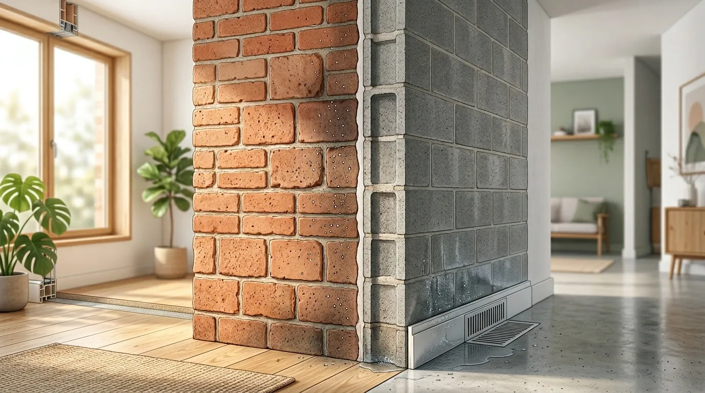 Colonne brique et b&eacute;ton dans maison contemporaine lumineuse