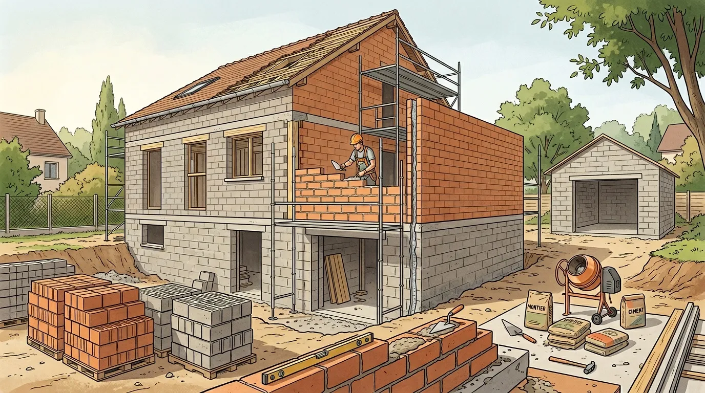 Ouvrier construisant une maison avec briques et mat&eacute;riaux