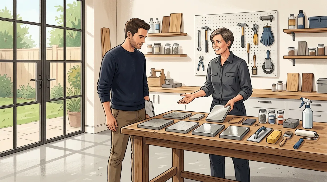 Deux personnes discutent devant des &eacute;chantillons de mat&eacute;riaux de construction