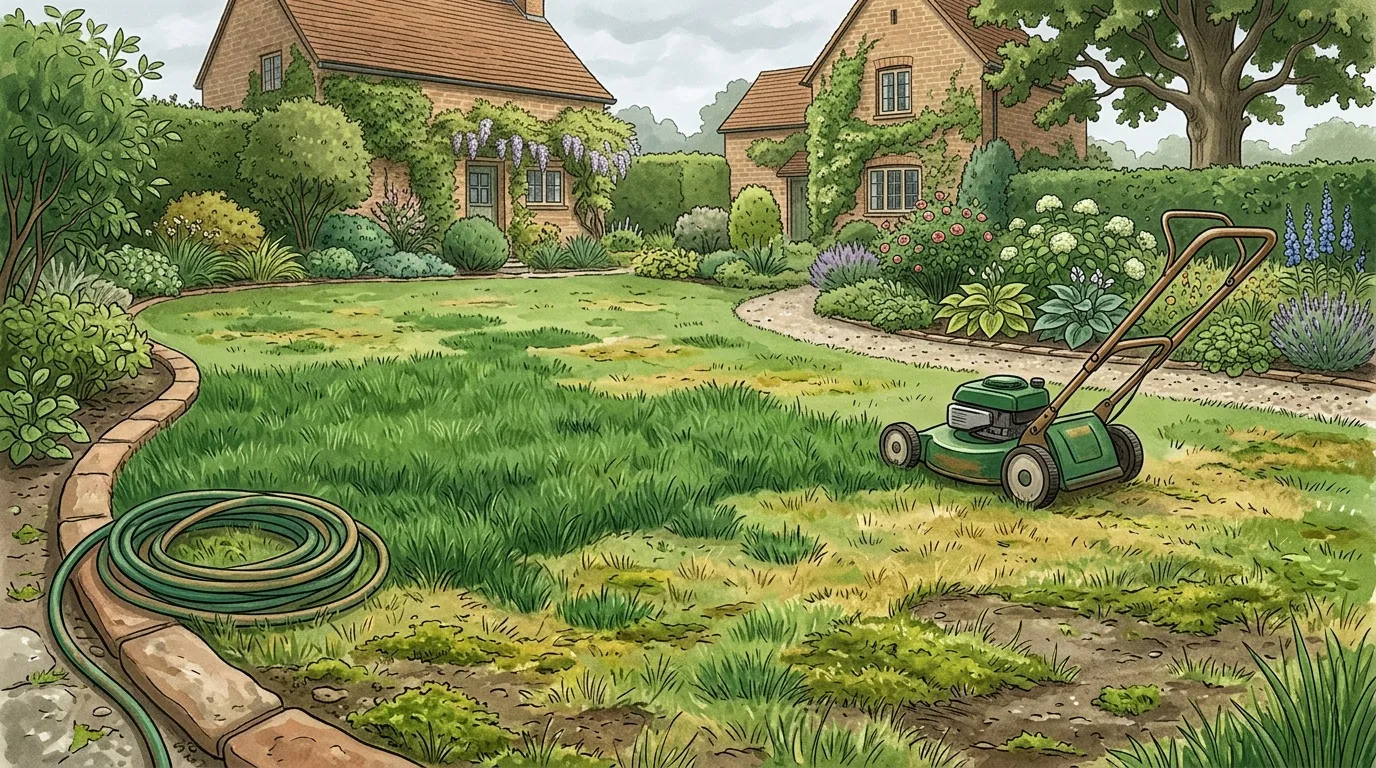Tondeuse et tuyau d'arrosage dans un jardin avec maisons