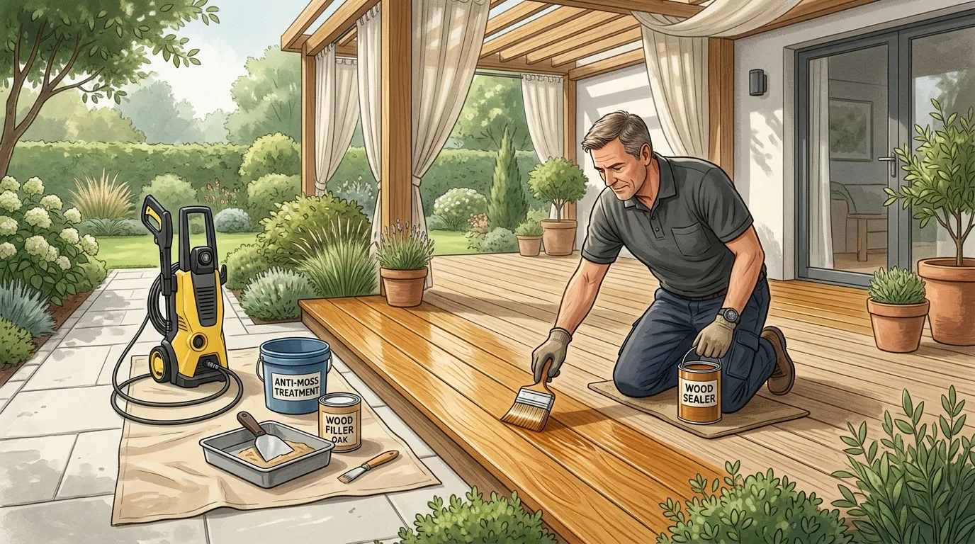 Homme applique scellant bois sur terrasse avec produits traitement