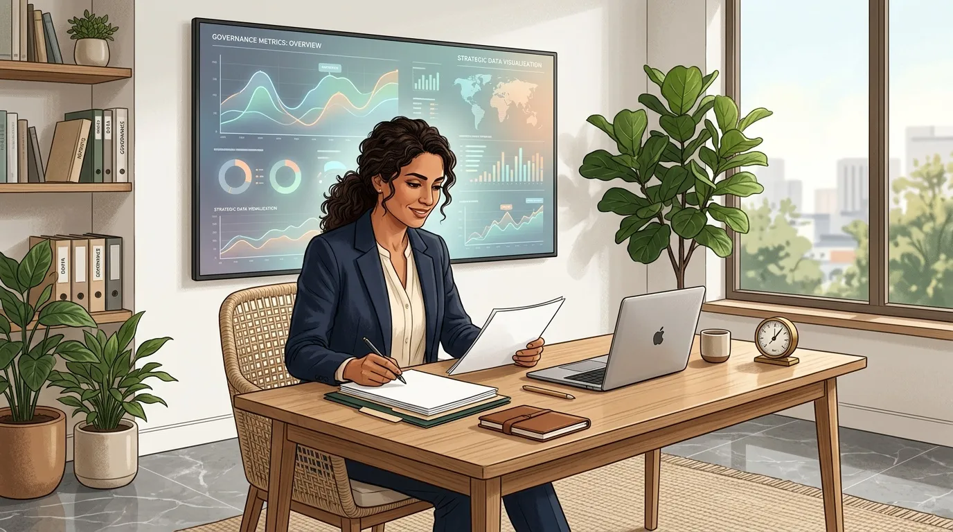Femme au bureau analysant données de gouvernance sur écran