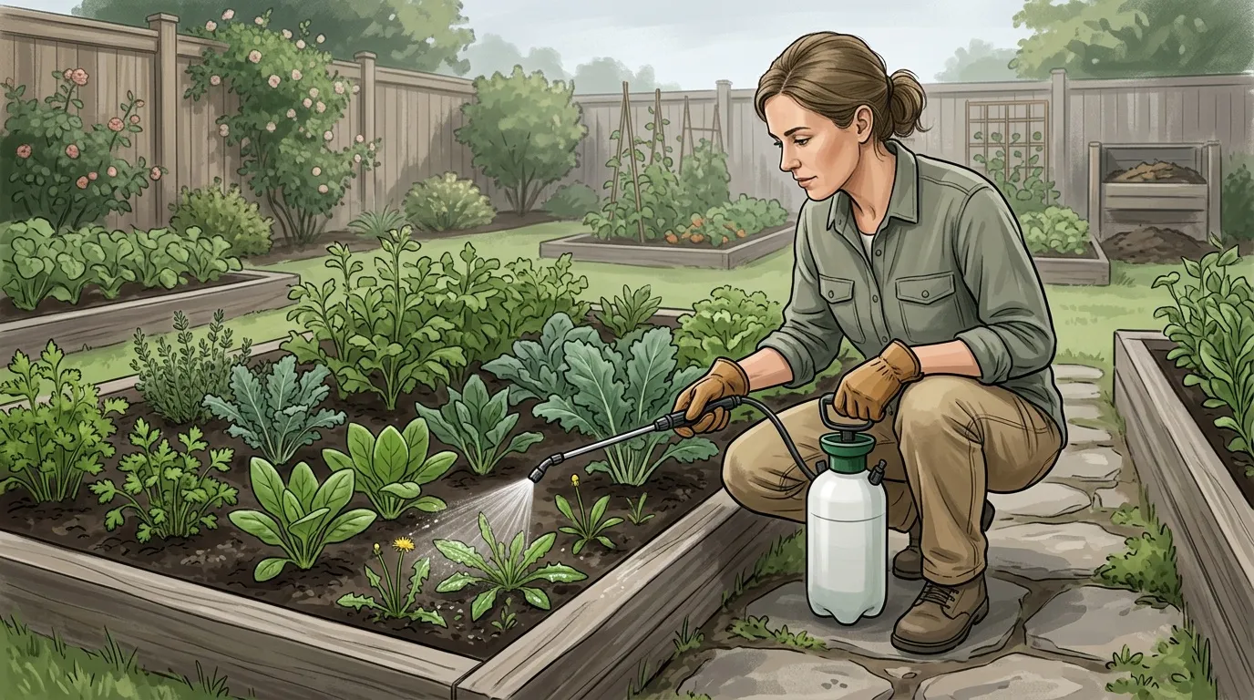 Femme en tenue de jardinage arrose des légumes avec un pulvérisateur