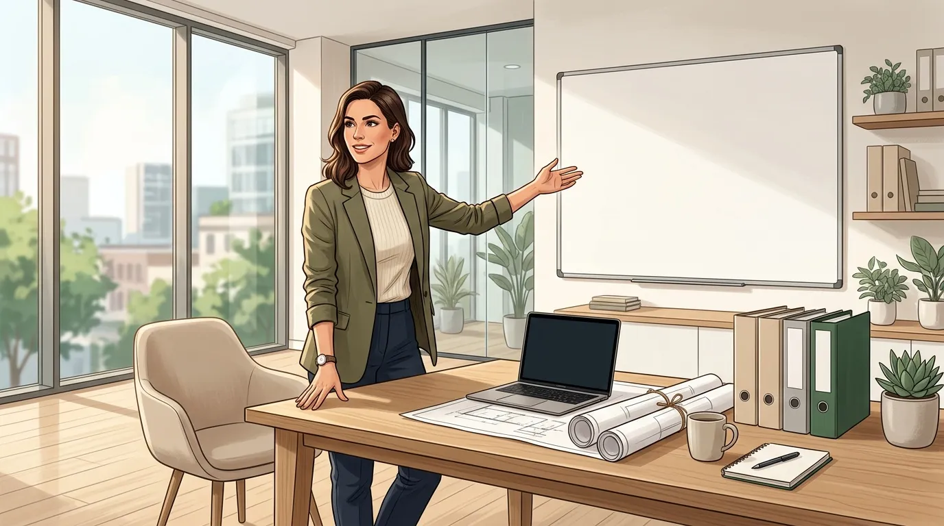 Femme en blazer présentant devant un tableau blanc dans un bureau