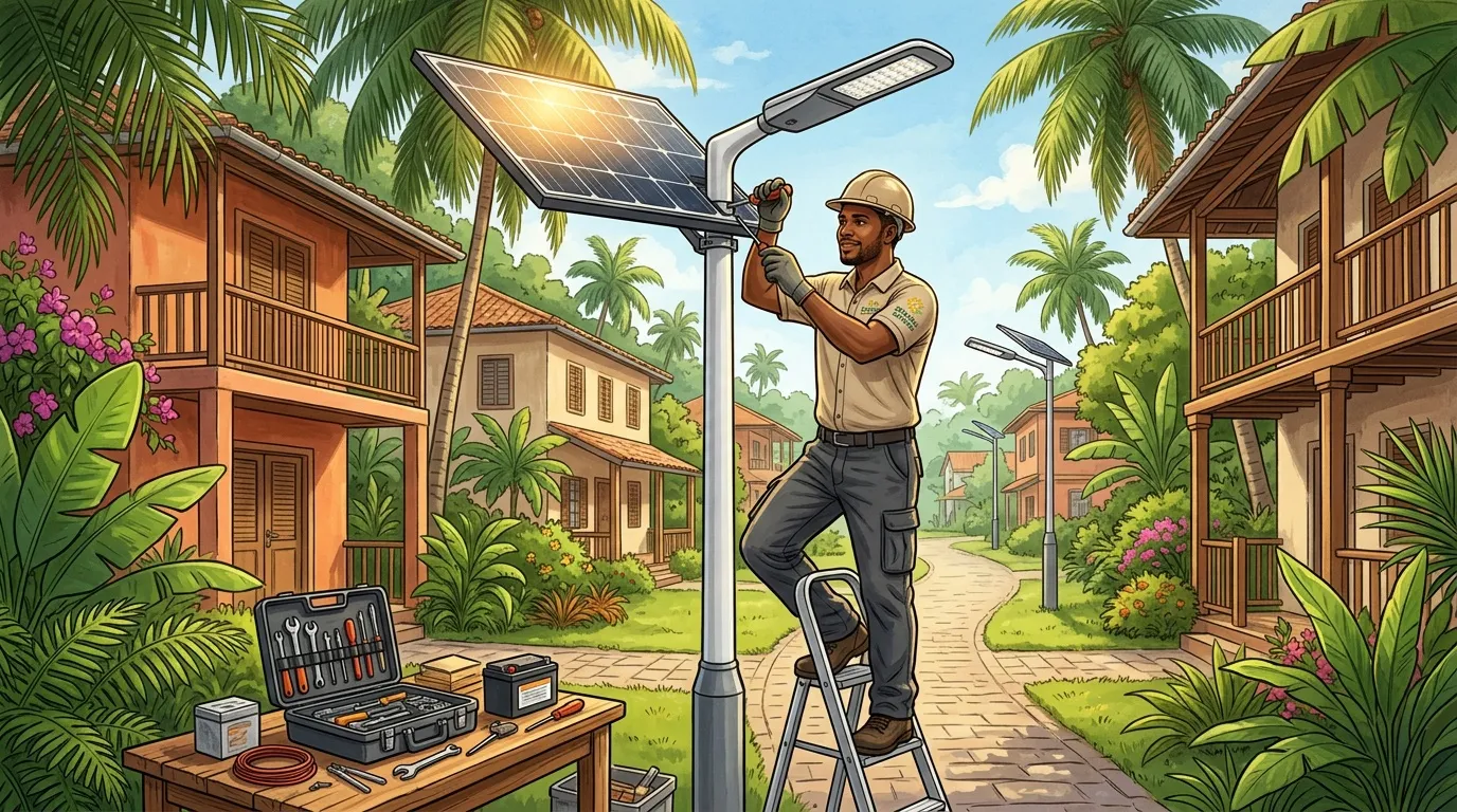Technicien installe un lampadaire solaire en zone résidentielle tropicale