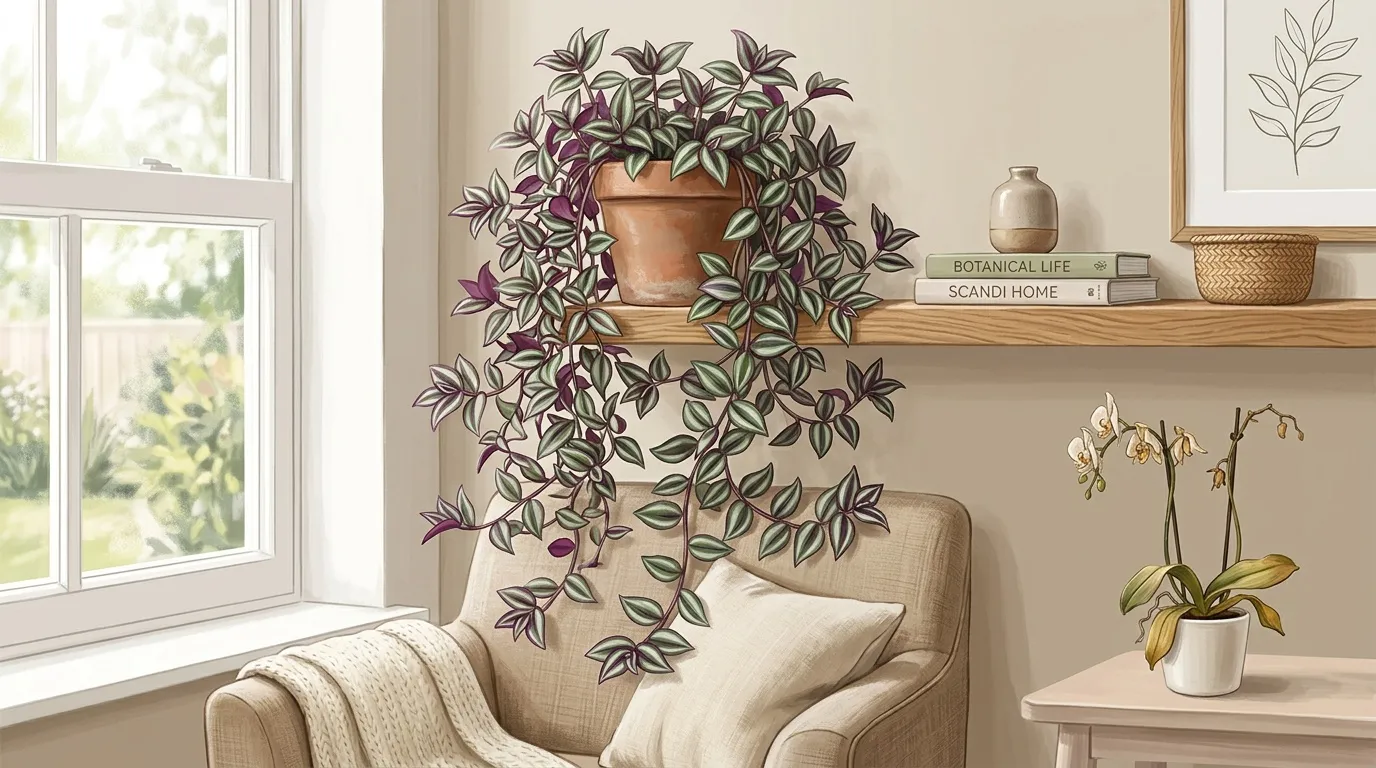 Salon cosy avec plantes suspendues et mobilier beige clair