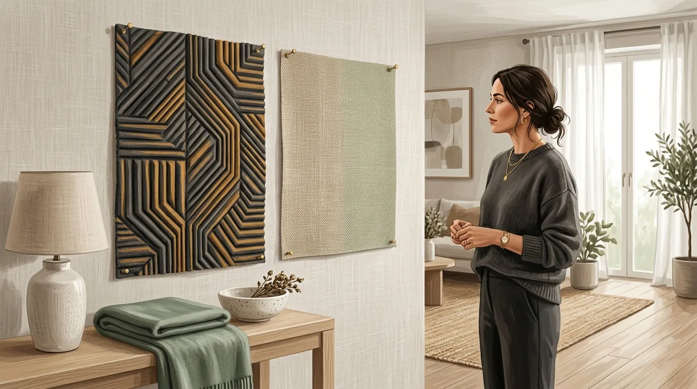 Femme dans salon contemporain avec art mural g&eacute;om&eacute;trique