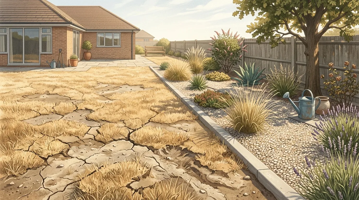 Jardin sec avec plantes r&eacute;sistantes &agrave; la s&eacute;cheresse et pelouse dess&eacute;ch&eacute;e