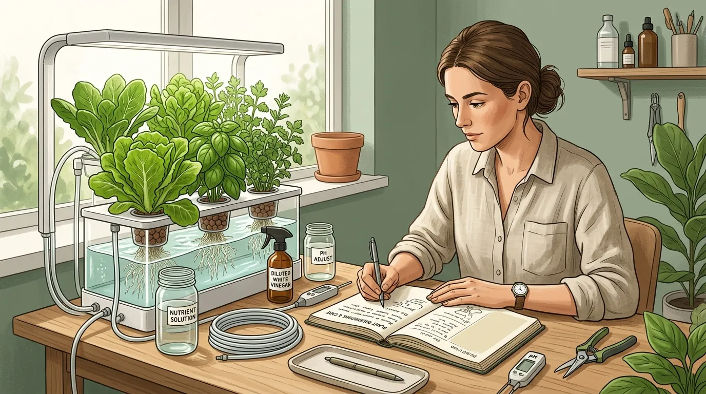 Femme documentant culture hydroponique de plantes aromatiques