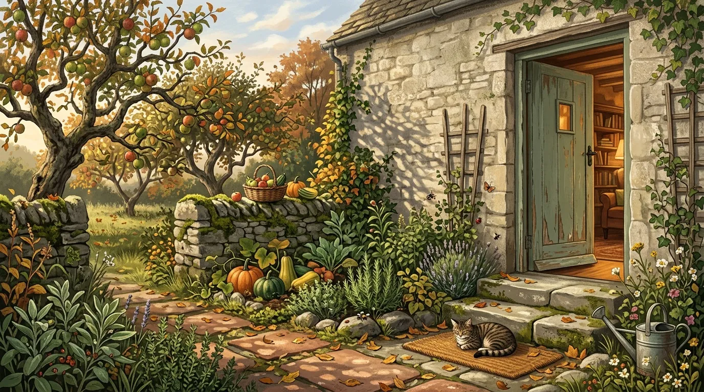 Cottage en pierre avec jardin automnal fleuri et chat assis