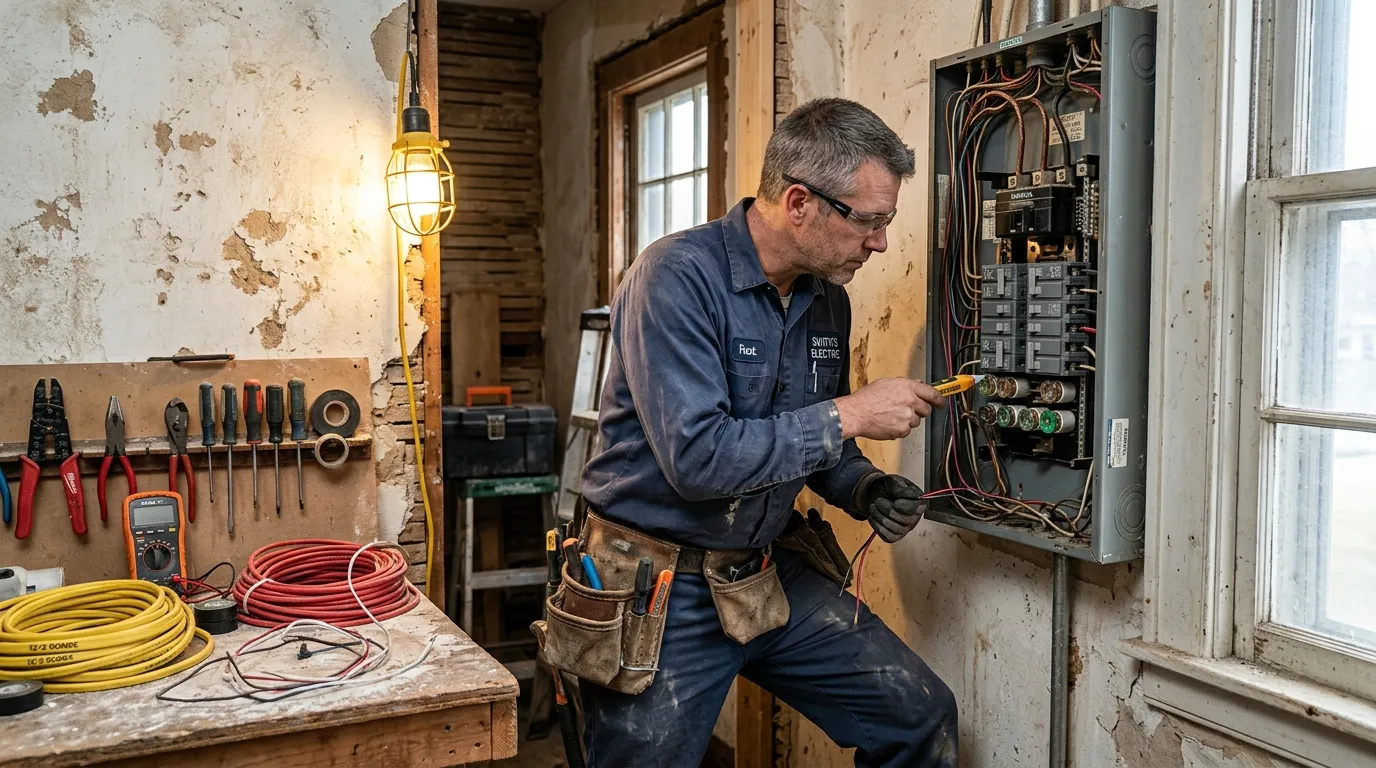 Électricien en uniforme réparant un panneau électrique mural