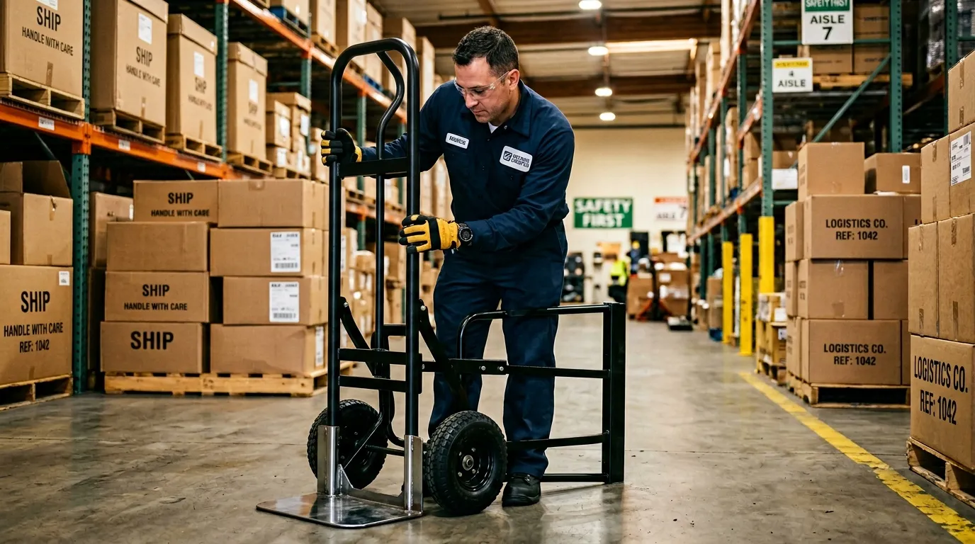Ouvrier transportant des cartons avec un diable dans un entrepôt