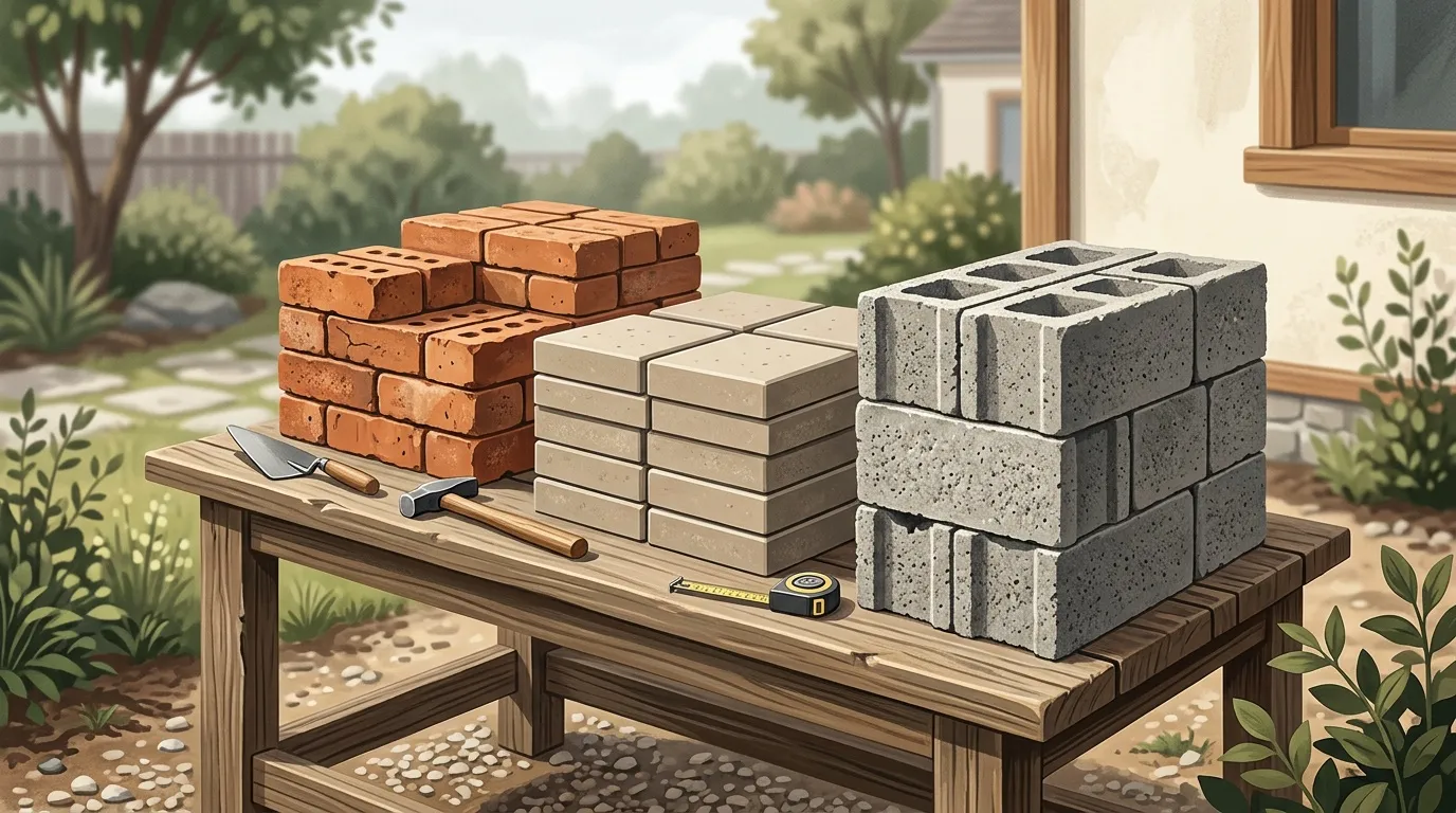 Briques, blocs de béton et outils de maçonnerie sur établi