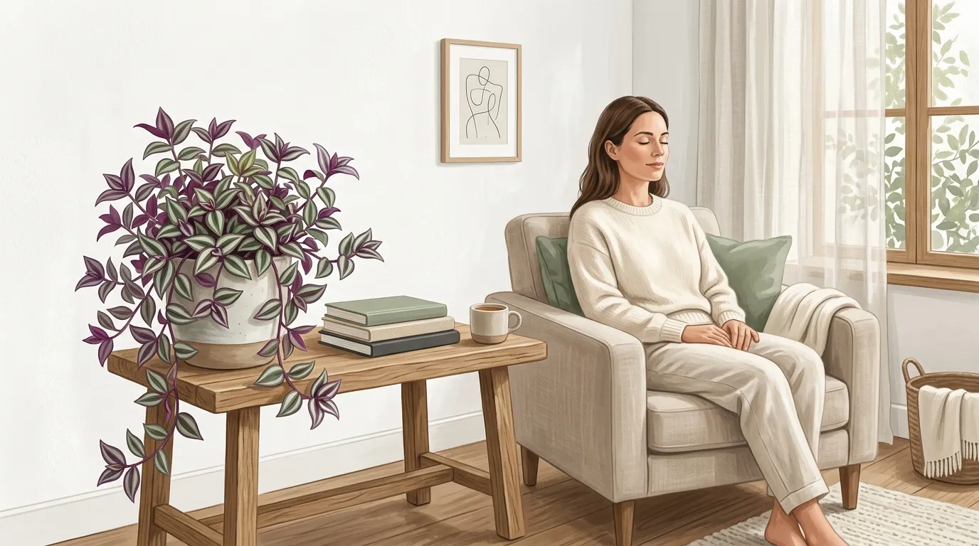 Femme relaxant sur un canap&eacute; dans un salon lumineux et &eacute;pur&eacute;