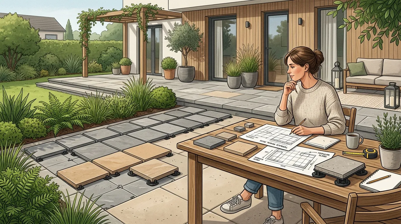 Femme planifiant am&eacute;nagement terrasse ext&eacute;rieure contemporaine