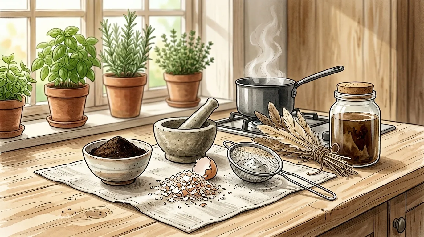 Poste de travail avec herbes, mortier, pot et ingr&eacute;dients naturels.