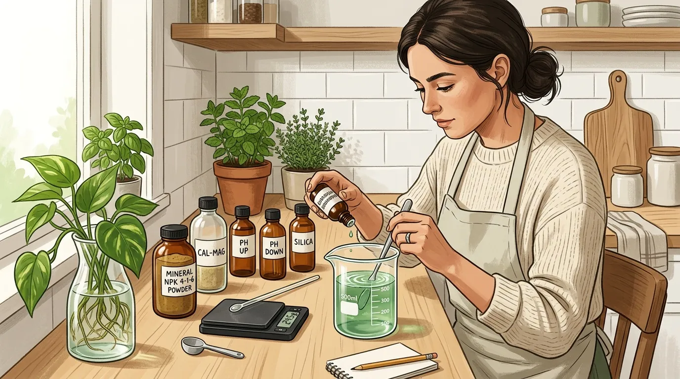 Femme préparant une solution de nutriments pour ses plantes d'intérieur