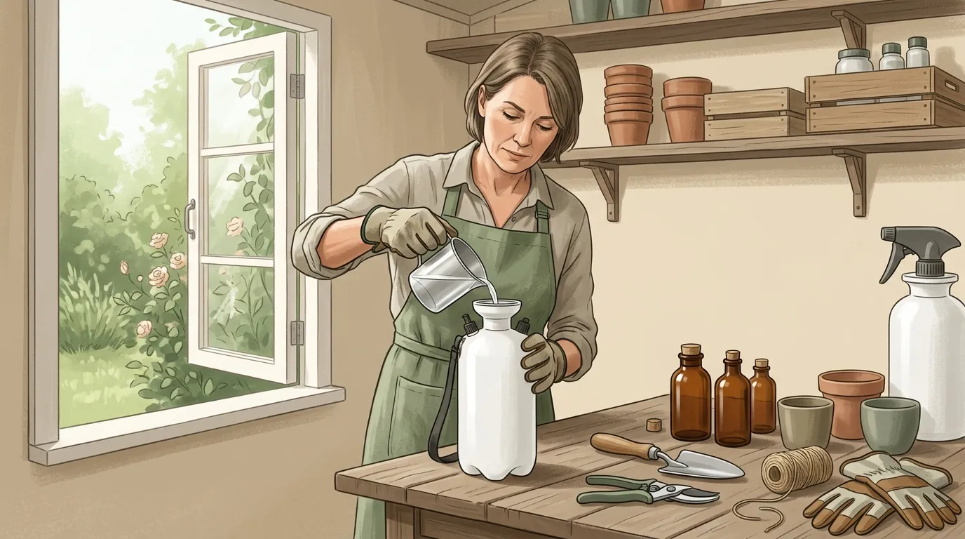 Femme préparant un produit dans un pulvérisateur de jardin