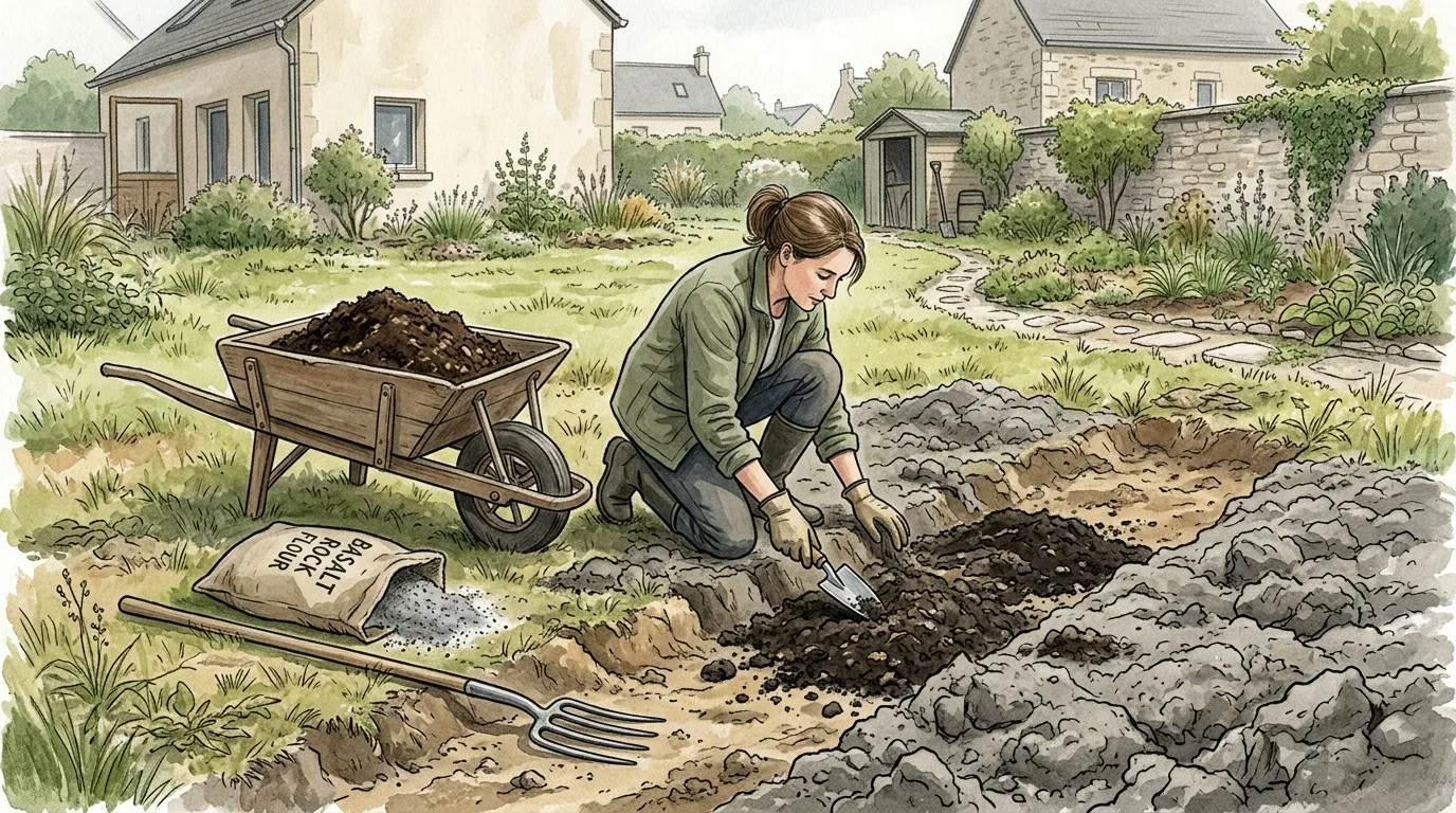 Femme &eacute;tendant du compost dans son jardin potager.