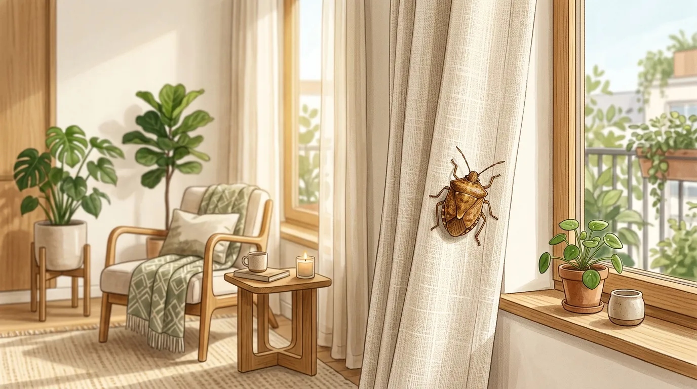 Insecte brun sur rideau beige dans salon lumineux