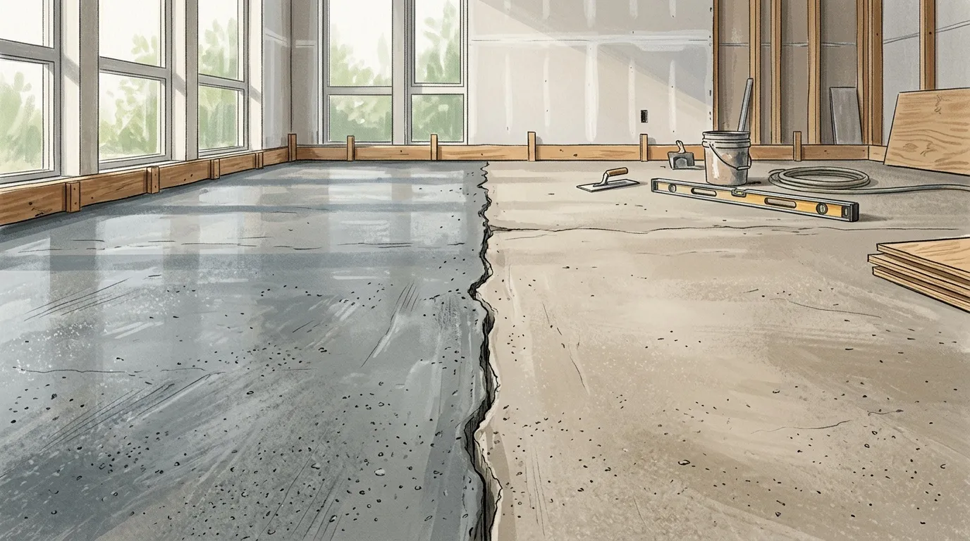 Chantier de r&eacute;novation avec sol b&eacute;ton partiellement rev&ecirc;tu de bois