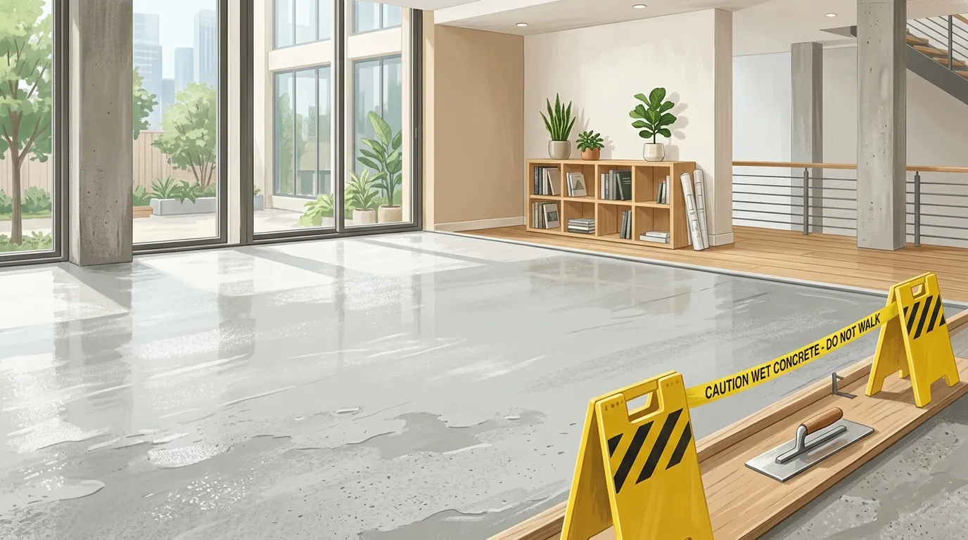 Int&eacute;rieur moderne avec b&eacute;ton humide et panneaux de cautiononnement jaunes