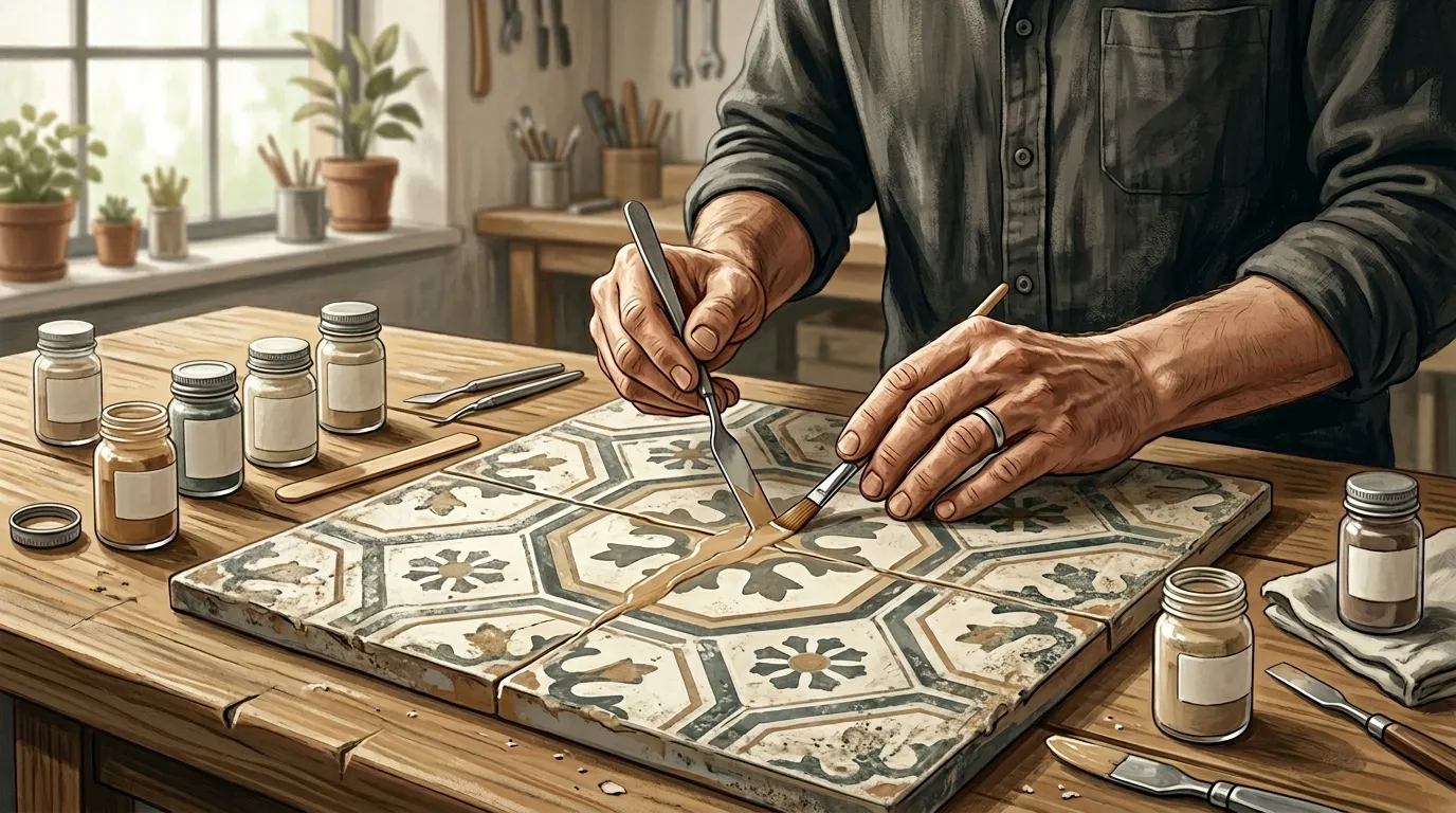 Artisan restaure des carreaux de fa&iuml;ence peints avec pr&eacute;cision