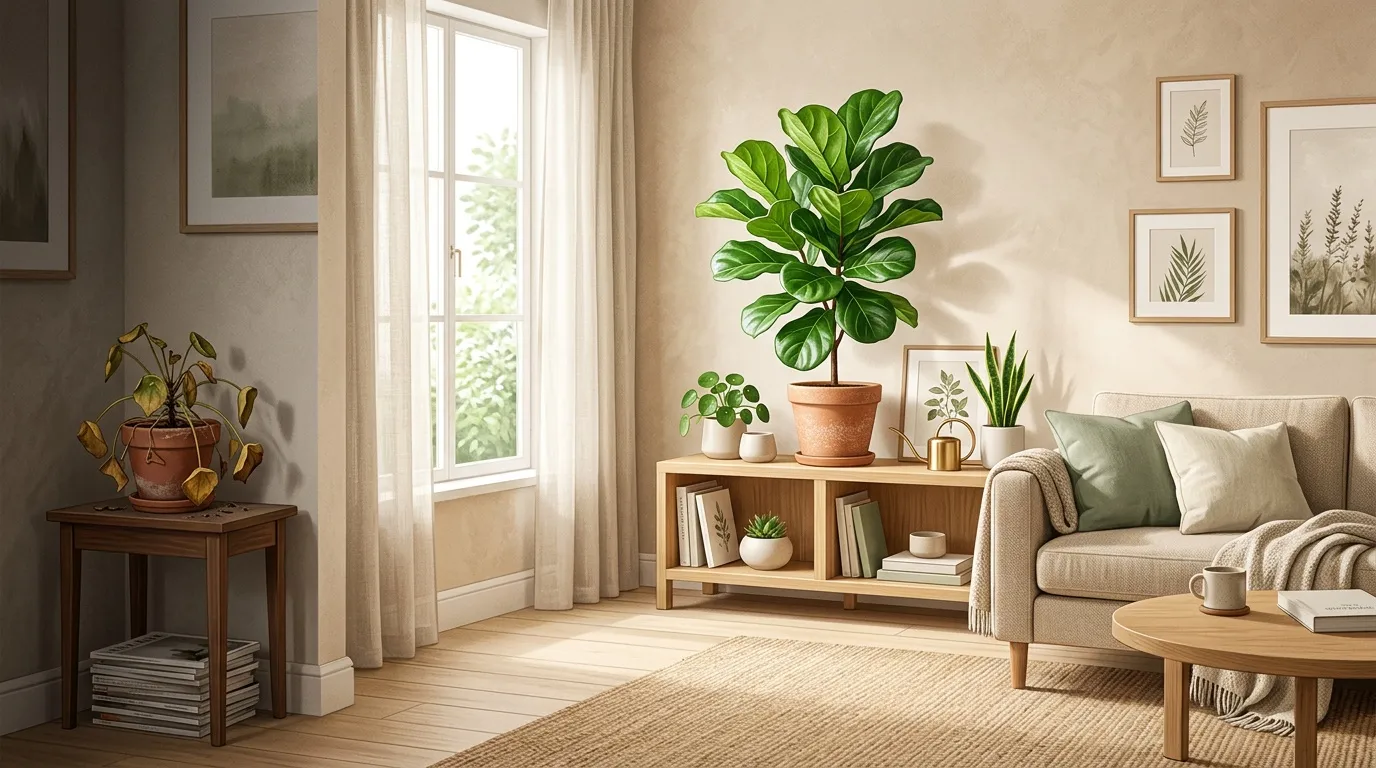 Salon moderne avec canap&eacute; beige, plantes vertes et mobilier bois clair